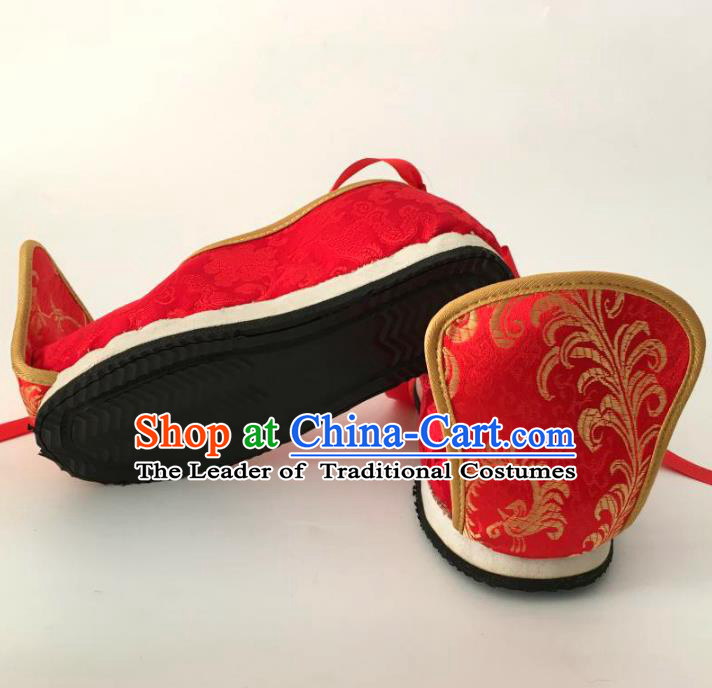 Traditional Chinese Ancient Han Dynasty Bridegroom Red Embroidered Shoes, China Handmade Hanfu Wedding Embroidery Shoes for Men