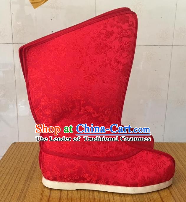 Traditional Chinese Han Dynasty Red Embroidered Boots, China Handmade Ancient Swordsman Hanfu Shoes for Men