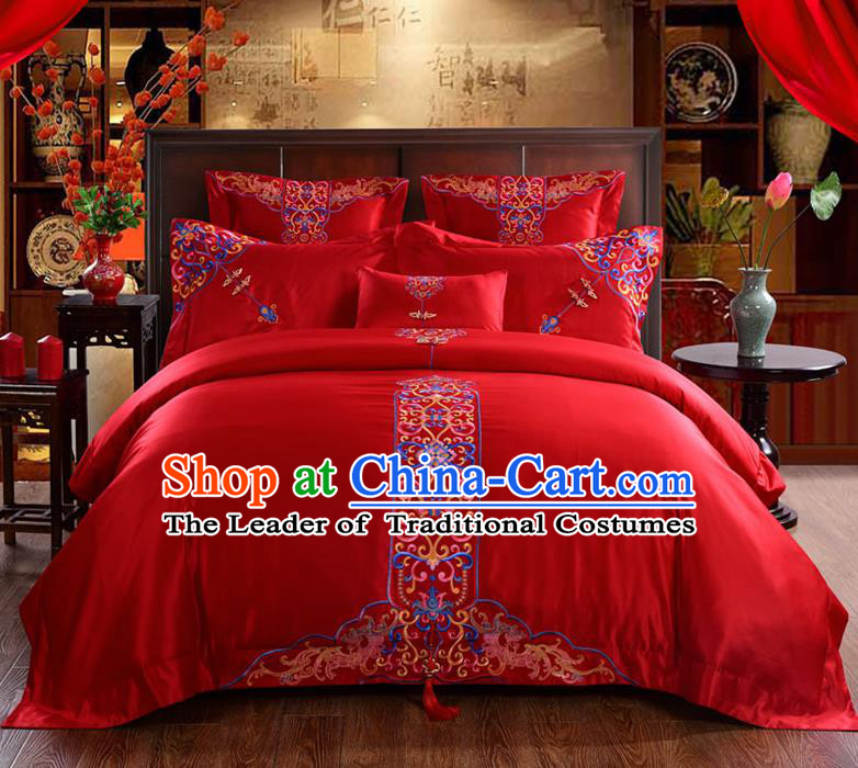 Traditional Chinese Style Wedding Bedding Set, China National Marriage Embroidery Flowers Red Textile Bedding Sheet Quilt Cover Six-piece suit