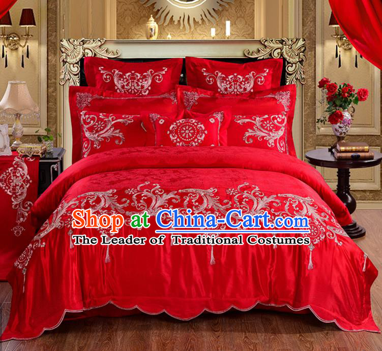 Traditional Chinese Style Marriage Embroidered Bedclothes Set Wedding Celebration Red Satin Drill Textile Bedding Sheet Quilt Cover Ten-piece Suit