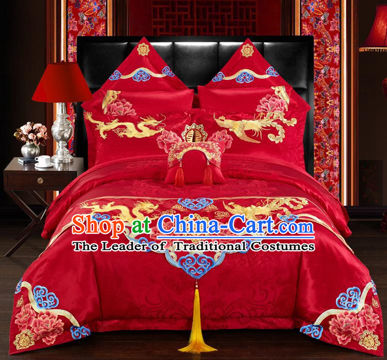 Traditional Chinese Style Marriage Embroidered Dragon and Phoenix Bedclothes Set Wedding Celebration Red Satin Drill Textile Bedding Sheet Quilt Cover Ten-piece Suit