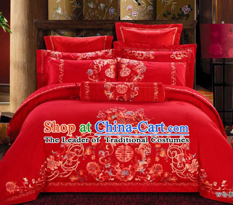 Traditional Chinese Style Marriage Embroidered Peony Bedclothes Set Wedding Celebration Red Satin Drill Textile Bedding Sheet Quilt Cover Ten-piece Suit