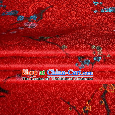 Chinese Royal Palace Traditional Costume Pattern Design Wintersweet Red Satin Brocade Fabric, Chinese Ancient Clothing Drapery Hanfu Cheongsam Material