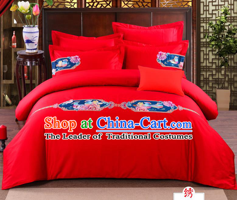 Traditional Chinese Style Marriage Bedding Set, China National Embroidered Mandarin Duck Wedding Red Textile Bedding Sheet Quilt Cover Four-piece suit