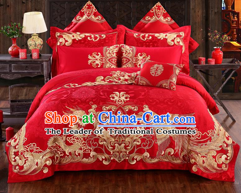 Traditional Chinese Style Marriage Bedding Set Printing Dragon and Phoenix Wedding Red Textile Bedding Sheet Quilt Cover Ten-piece Suit