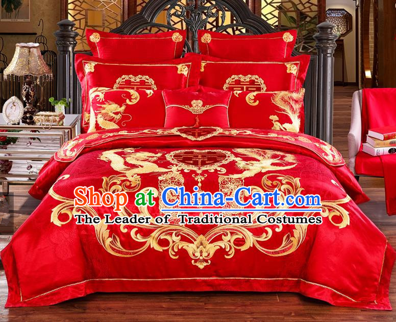 Traditional Chinese Style Marriage Bedding Set Embroidered Dragon Phoenix Wedding Red Satin Textile Bedding Sheet Quilt Cover Ten-piece Suit