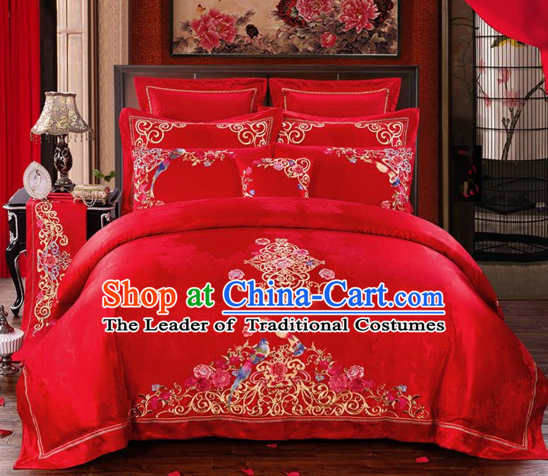 Traditional Chinese Style Marriage Bedding Set Embroidered Magpie Peony Wedding Red Satin Textile Bedding Sheet Quilt Cover Ten-piece Suit