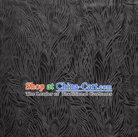 Chinese Traditional Costume Royal Palace Peacock Feather Pattern Black Satin Brocade Fabric, Chinese Ancient Clothing Drapery Hanfu Cheongsam Material