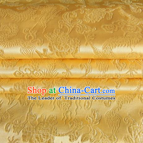 Chinese Traditional Costume Royal Palace Dragons Pattern Golden Satin Brocade Fabric, Chinese Ancient Clothing Drapery Hanfu Cheongsam Material