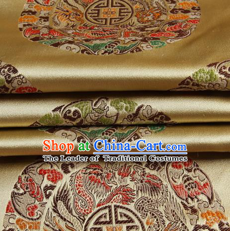 Chinese Traditional Costume Royal Palace Dragons Pattern Golden Satin Brocade Fabric, Chinese Ancient Clothing Drapery Hanfu Cheongsam Material
