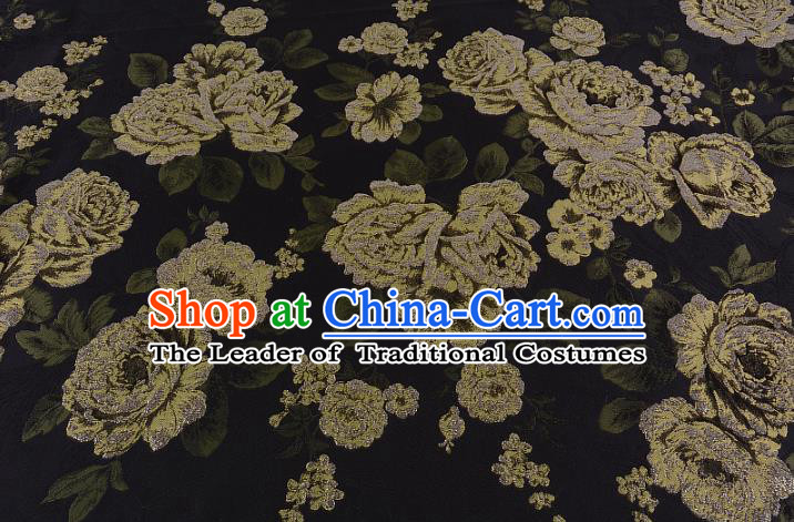 Chinese Traditional Costume Royal Palace Jacquard Weave Peony Black Brocade Fabric, Chinese Ancient Clothing Drapery Hanfu Cheongsam Material