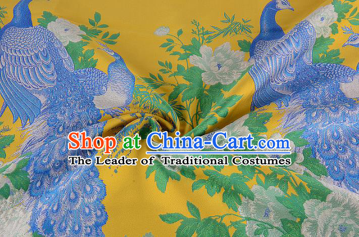 Chinese Traditional Costume Royal Palace Printing Peacock Peony Yellow Brocade Fabric, Chinese Ancient Clothing Drapery Hanfu Cheongsam Material