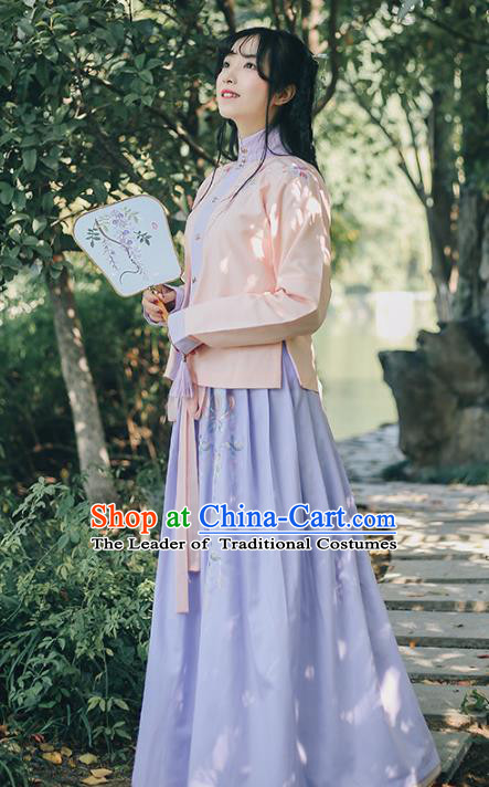 Traditional Chinese Ancient Ming Dynasty Young Lady Hanfu Princess Costume Embroidered Blouse and Skirt Complete Set for Women