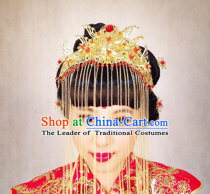 Chinese Wedding Jewelry Accessories Traditional Xiuhe Suits Wedding Bride Headwear Phoenix Coronet Wedding Tiara Ancient Chinese Tassel Harpins for Women