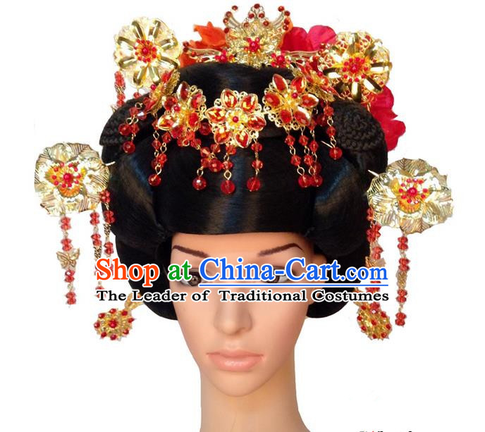 Chinese Wedding Jewelry Accessories Traditional Xiuhe Suits Wedding Bride Headwear, Wedding Hair Accessories, Ancient Chinese Peony Flower Harpins Complete Set for Women