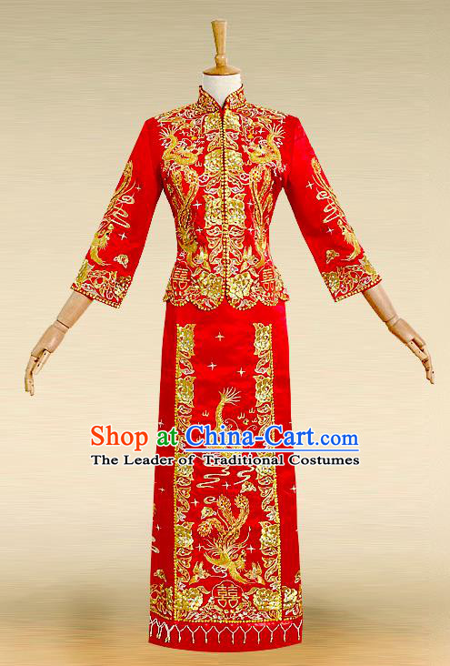 Traditional Ancient Chinese Costume Nail Bead Xiuhe Suits, Chinese Style Wedding Bride Full Dress, Restoring Ancient Women Red Embroidered Dragon and Phoenix Slim Flown, Bride Toast Cheongsam for Women