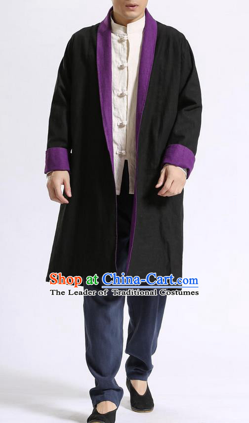 Traditional Top Chinese National Tang Suits Flax Frock Costume, Martial Arts Kung Fu Beige Lapel Double-sided Black-Violet Cardigan, Kung fu Unlined Upper Garment Cloak, Chinese Taichi Dust Coats Wushu Clothing for Men
