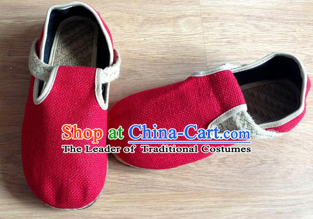 Traditional Top Chinese National Flax Frock Shoes, Martial Arts Kung Fu Straw Plaited Red Shoes, Kung fu Chinese Taichi Shoes for Women