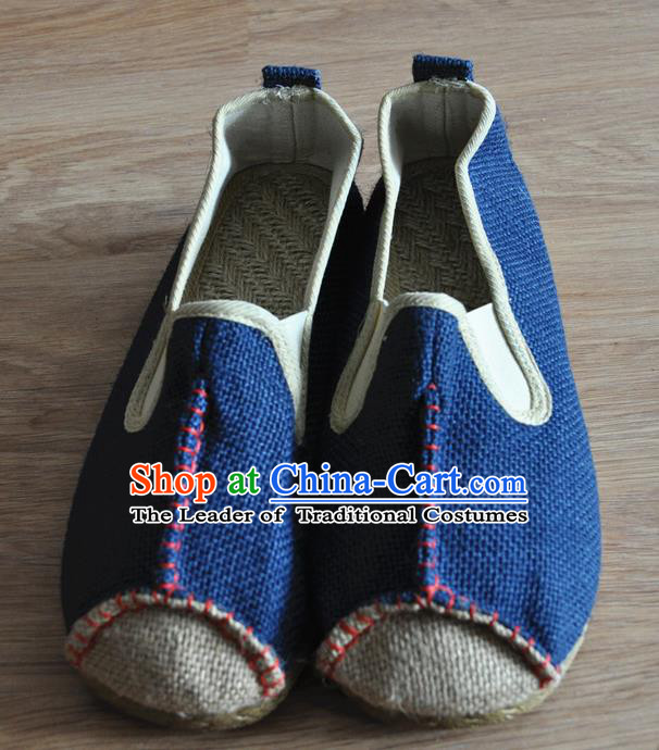 Traditional Top Chinese National Flax Frock Shoes, Martial Arts Kung Fu Rattan Plaited Blue Cloth Shoes, Kung fu Chinese Taichi Shoes for Men