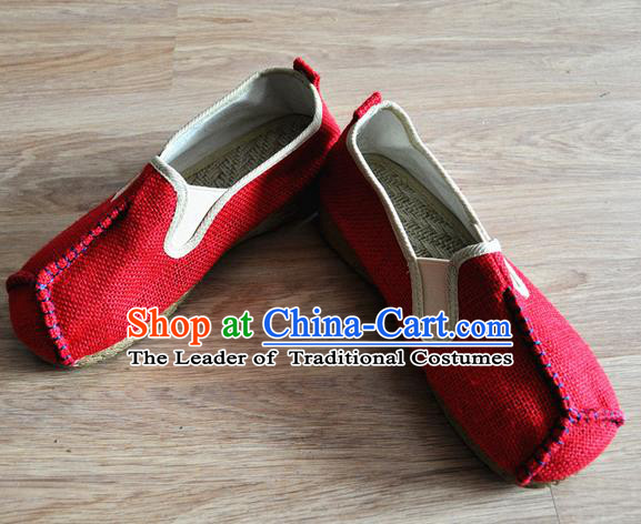 Traditional Top Chinese National Flax Frock Shoes, Martial Arts Kung Fu Rattan Plaited Red Cloth Shoes, Kung fu Chinese Taichi Shoes for Men