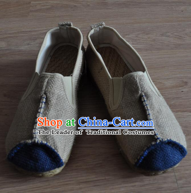 Traditional Top Chinese National Flax Frock Shoes, Martial Arts Kung Fu Rattan Plaited Beige Cloth Shoes, Kung fu Chinese Taichi Shoes for Men