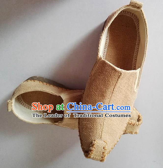 Traditional Top Chinese National Flax Frock Shoes, Martial Arts Kung Fu Beige Cloth Shoes, Kung fu Chinese Taichi Shoes for Men