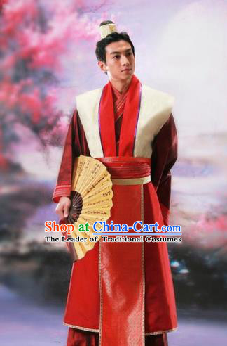 Traditional Ancient Chinese Nobility Childe Costume, Chinese Scholar Hanfu Dress Chinese Tang Dynasty Imperial Prince Red Clothing for Men