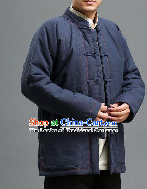 Traditional 	Top Chinese National Tang Suits Linen Costume, Martial Arts Kung Fu Front Opening Embroidery Threads Blue Coats, Kung fu Plate Buttons Cotton-Padded Jacket, Chinese Taichi Cotton-Padded Short Coats Wushu Clothing for Men