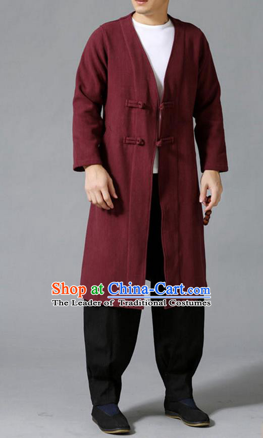 Traditional 	Top Chinese National Tang Suits Linen Costume, Martial Arts Kung Fu Front Opening Dark Red Coats, Kung fu Plate Buttons Jacket, Chinese Taichi Dust Coats Wushu Clothing for Men
