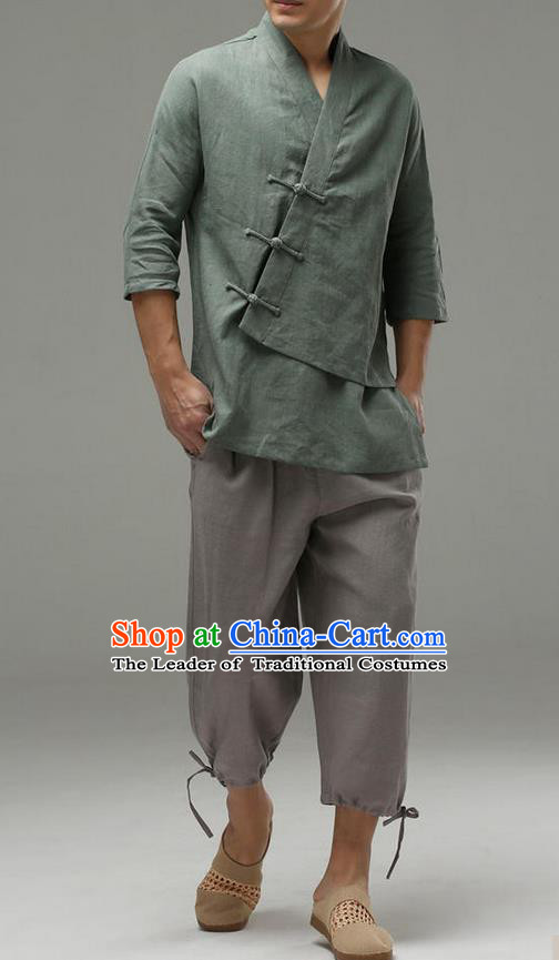 Traditional Top Chinese National Tang Suits Linen Frock Costume, Martial Arts Kung Fu Slant Opening Sleeve Pea-Green Blouse, Kung fu Plate Buttons Unlined Upper Garment, Chinese Taichi Shirts Wushu Clothing for Men