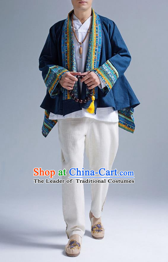 Traditional Top Chinese Yunnan Ethnic Tang Suits Linen Frock Costume, Martial Arts Kung Fu Lacy Blue Cardigan, Kung fu Thin Upper Outer Garment, Chinese Taichi Thin Coats Wushu Clothing for Men