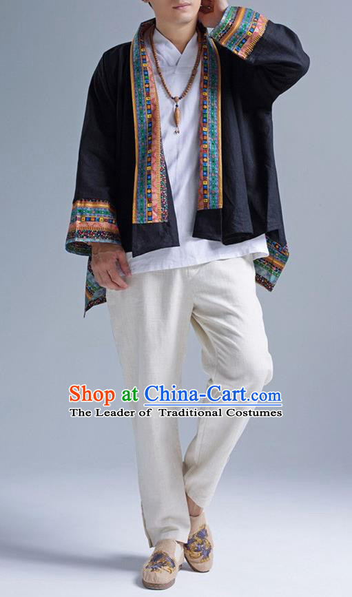Traditional Top Chinese Yunnan Ethnic Tang Suits Linen Frock Costume, Martial Arts Kung Fu Lacy Black Cardigan, Kung fu Thin Upper Outer Garment, Chinese Taichi Thin Coats Wushu Clothing for Men