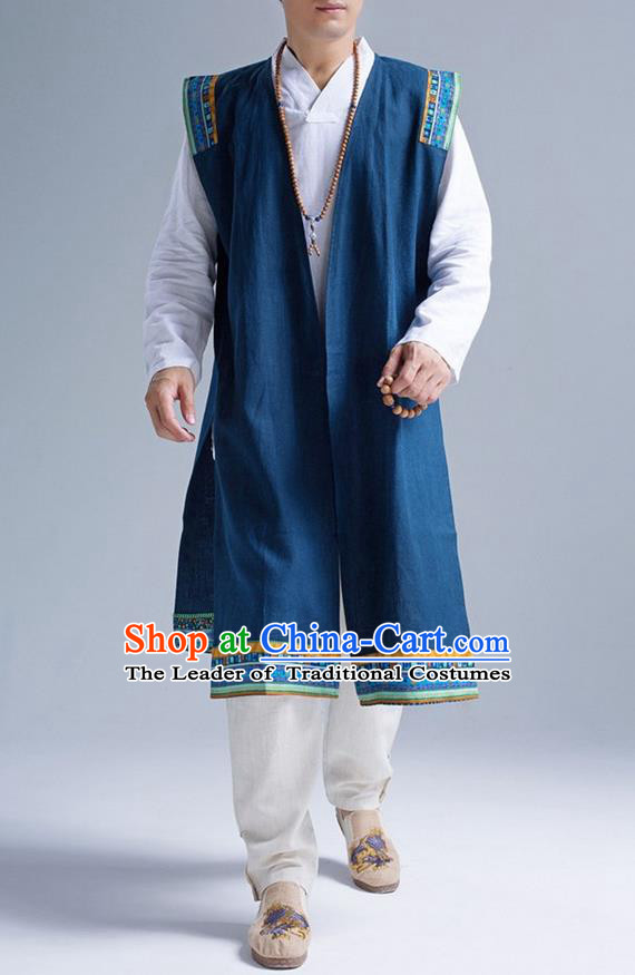Traditional Top Chinese National Tang Suits Linen Frock Costume, Martial Arts Kung Fu Blue Embroidered Cardigan, Kung fu Unlined Upper Garment, Chinese Taichi Vest Coats Wushu Clothing for Men