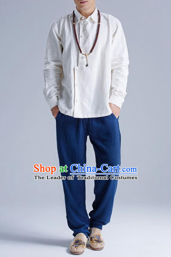 Traditional Top Chinese National Tang Suits Linen Frock Costume, Martial Arts Kung Fu Asymmetric Opening White Shirt, Kung fu Plate Buttons Thin Upper Outer Garment Blouse, Chinese Taichi Thin Shirts Wushu Clothing for Men