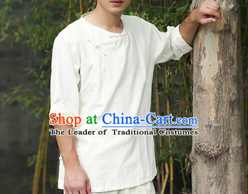 Traditional Top Chinese National Tang Suits Linen Frock Costume, Martial Arts Kung Fu Slant Opening White T-Shirt, Kung fu Plate Buttons Upper Outer Garment Half Sleeve Blouse, Chinese Taichi Thin Shirts Wushu Clothing for Men