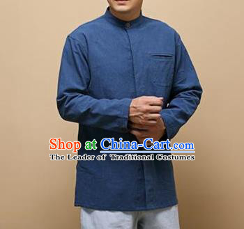 Traditional Top Chinese National Tang Suits Linen Frock Costume, Martial Arts Kung Fu Chinese Tunic Suit Blue Shirt, Sun Yat Sen Suit Thin Upper Outer Garment Blouse, Chinese Taichi Thin Shirts Wushu Clothing for Men