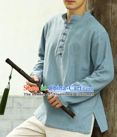 Traditional Top Chinese National Tang Suits Linen Frock Costume, Martial Arts Kung Fu Long Sleeve Light Blue T-Shirt, Kung fu Plate Buttons Upper Outer Garment Half Sleeve Blouse, Chinese Taichi Thin Shirts Wushu Clothing for Men
