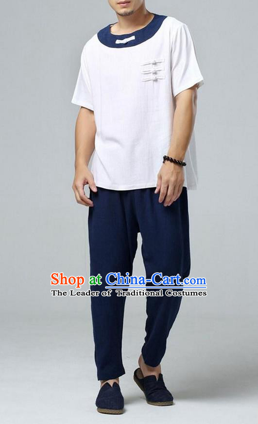 Traditional Top Chinese National Tang Suits Linen Costume, Martial Arts Kung Fu Short Sleeve White Gored Shirt, Chinese Kung fu Plate Buttons Upper Outer Garment Blouse, Chinese Taichi Thin Shirts Wushu Clothing for Men
