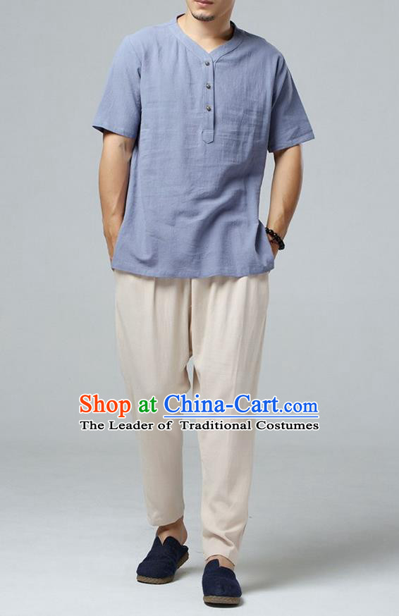 Traditional Top Chinese National Tang Suits Linen Costume, Martial Arts Kung Fu Short Sleeve Blue Shirt, Chinese Kung fu Brass Buttons Upper Outer Garment Blouse, Chinese Taichi Thin Shirts Wushu Clothing for Men