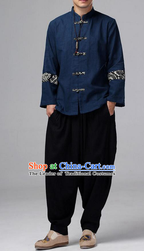 Traditional Top Chinese National Tang Suits Linen Front Opening Costume, Martial Arts Kung Fu Pattern Navy Overcoat, Kung fu Plate Buttons Thin Upper Outer Garment Jacket, Chinese Taichi Thin Coats Wushu Clothing for Men
