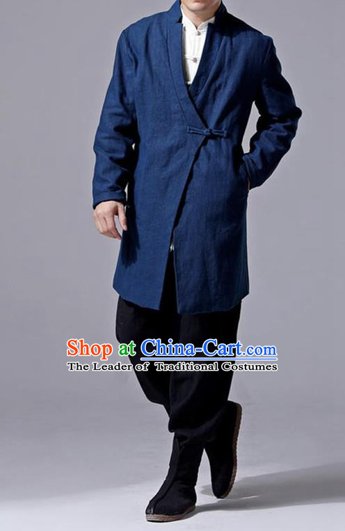 Traditional Top Chinese National Tang Suits Linen Slant Opening Costume, Martial Arts Kung Fu Navy Overcoat, Chinese Kung fu Plate Buttons Upper Outer Garment Jacket, Chinese Taichi Thin Dust Coats Wushu Clothing for Men