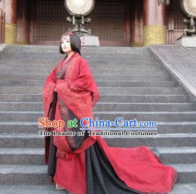 Traditional Ancient Chinese Imperial Empress Wedding Costume, Elegant Hanfu Red Dress Chinese Qin Dynasty Imperial Queen Elegant Tailing Embroidered Clothing for Women