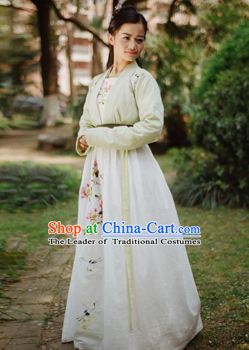 Traditional Ancient Chinese Female Costume Blouse and Dress Complete Set, Elegant Hanfu Clothing Chinese Ming Dynasty Palace Lady Embroidered Cranes Chaenomeles Speciosa Clothing for Women