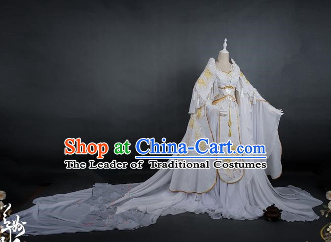Traditional Asian Chinese Ancient Princess Costume, Elegant Hanfu Dance Wide Sleeves Clothing, Chinese Imperial Princess Tailing Embroidered Peacock Clothing, Chinese Fairy Princess Empress Queen Cosplay Costumes for Women