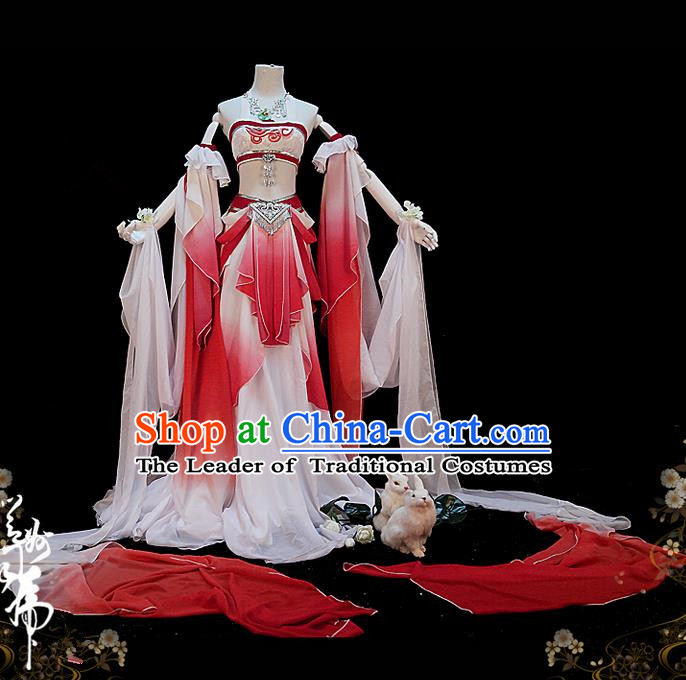Traditional Asian Chinese Dunhuang Flying Apsaras Costume, Elegant Hanfu Dance Water Sleeves Dress, Chinese Imperial Princess Tailing Clothing, Chinese Cosplay Fairy Princess Empress Queen Cosplay Costumes for Women