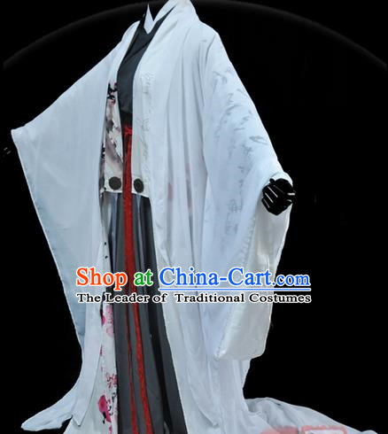 Traditional Asian Chinese Ancient Nobility Childe Costume, Elegant Hanfu White Dress, Chinese Imperial Prince Tailing Ink Painting Plum Blossom Clothing, Chinese Cosplay Swordsman Costumes for Men