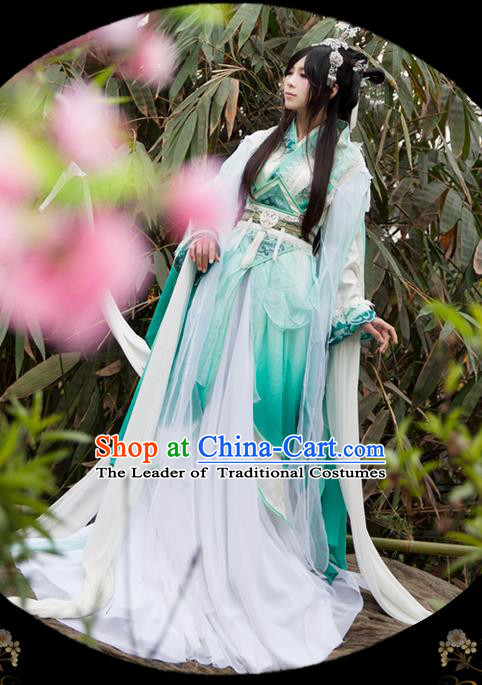 Traditional Asian Chinese Ancient Palace Princess Costume, Elegant Hanfu Blue Water Sleeve Dance Dress, Chinese Imperial Princess Tailing Clothing, Chinese Cosplay Fairy Princess Empress Queen Cosplay Costumes for Women