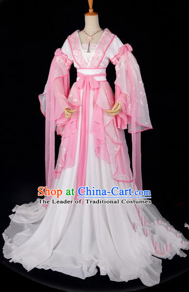 Traditional Asian Chinese Ancient Palace Princess Costume, Elegant Hanfu Embroidered Peach Blossom Pink Dress, Chinese Imperial Princess Tailing Embroidered Epiphyllum Clothing, Chinese Cosplay Fairy Princess Empress Queen Cosplay Costumes for Women