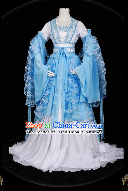 Traditional Asian Chinese Ancient Palace Princess Costume, Elegant Hanfu Water Blue Butterfly Printing Dress, Chinese Imperial Princess Tailing Clothing, Chinese Cosplay Fairy Princess Empress Queen Cosplay Costumes for Women