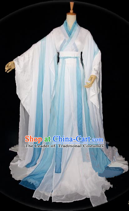 Traditional Asian Chinese Ancient Palace Princess Costume, Elegant Hanfu Water Blue Ink Painting Dress, Chinese Imperial Princess Tailing Clothing, Chinese Cosplay Fairy Princess Empress Queen Cosplay Costumes for Women